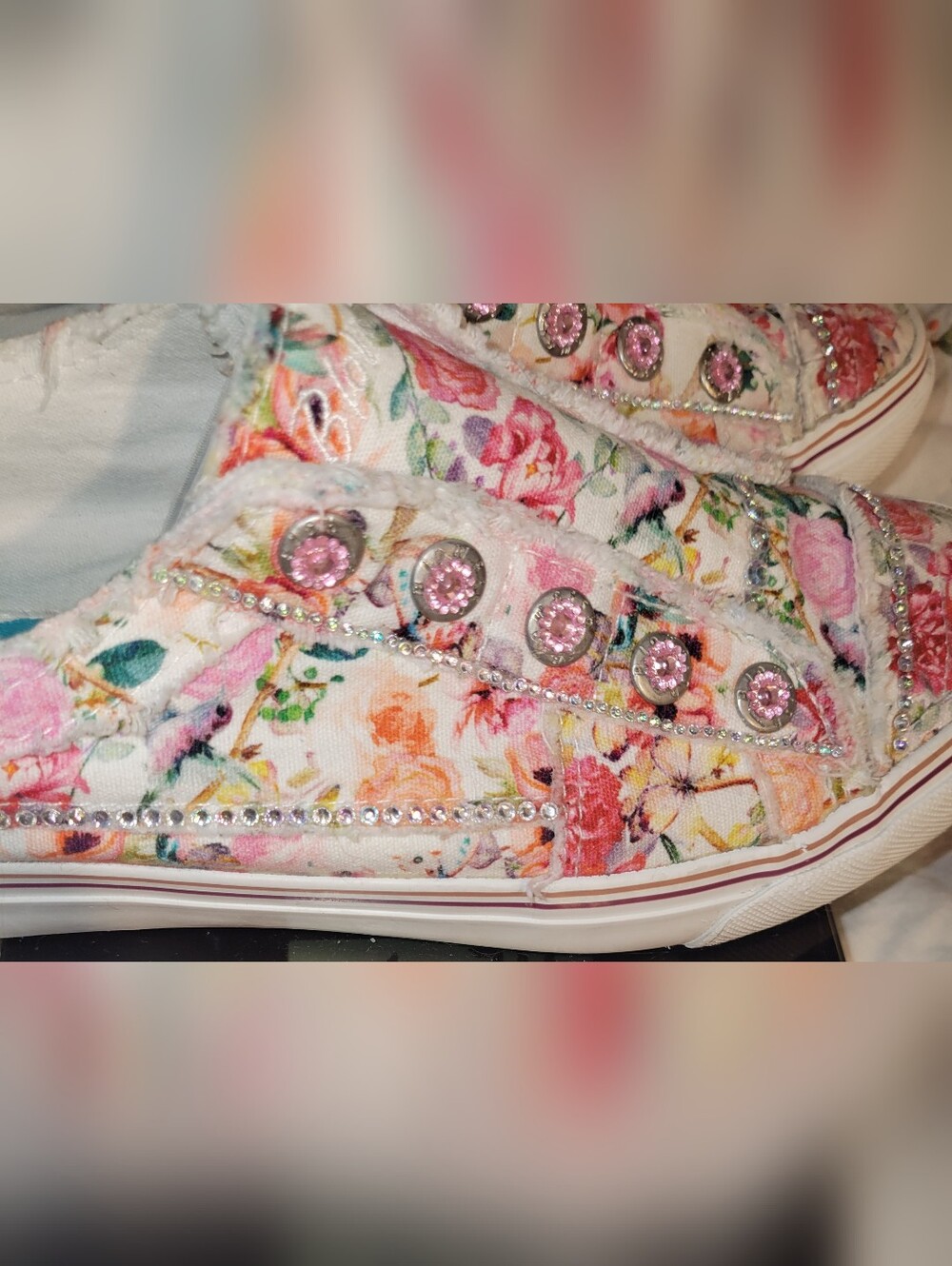 Custom Rhinestone Embellished Floral Blowfish Floral Print Sneakers Size 7.5 - Picture 9 of 12